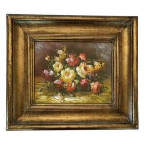 1990s Floral Still Life Oil on Board Jewel-Toned Colors Framed Artist Signed